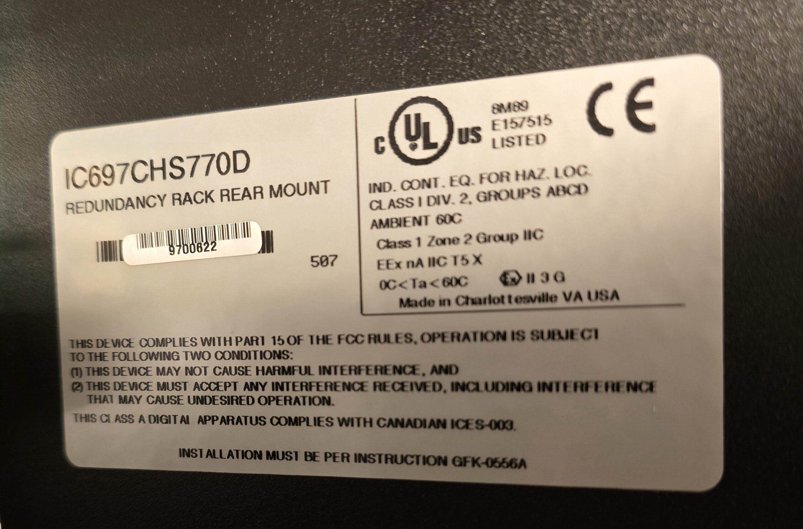 IC697CHS770 C80-75 redundant I/O rack, rear mount, identification label detail